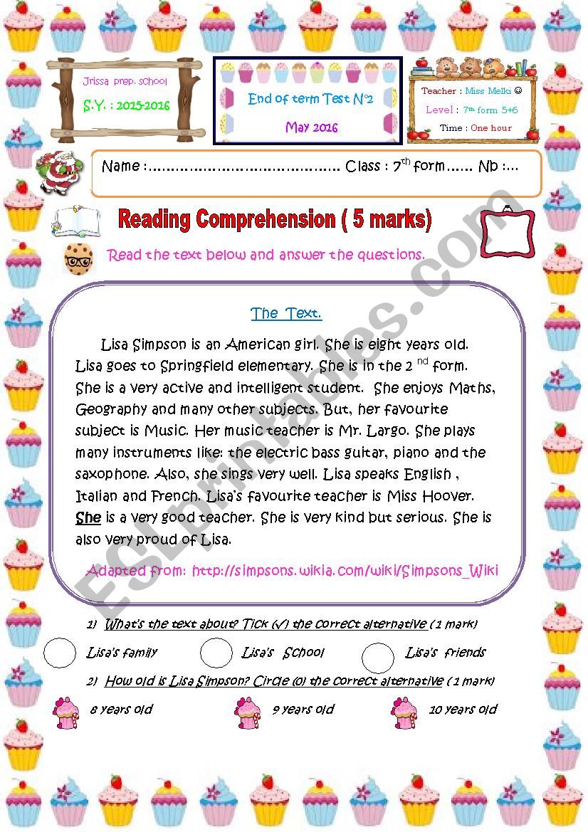 7th form end of term test N2 worksheet