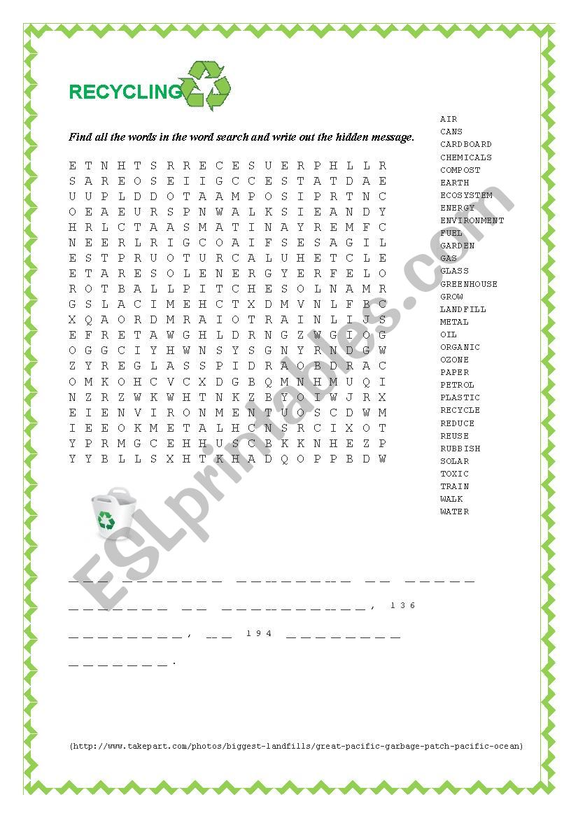 Lets Recycle! Word search with a hidden message.