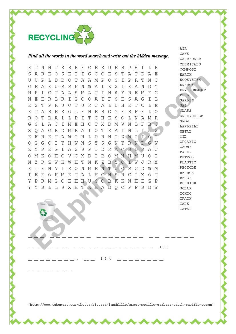 Let´s Recycle! Word search with a hidden message. - ESL worksheet by ...
