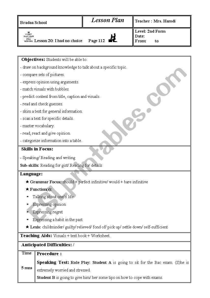 lesson plan: lesson 20: I had no choice