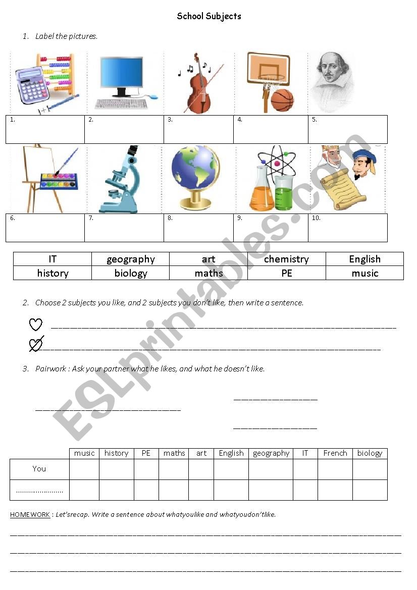 school subjects worksheet