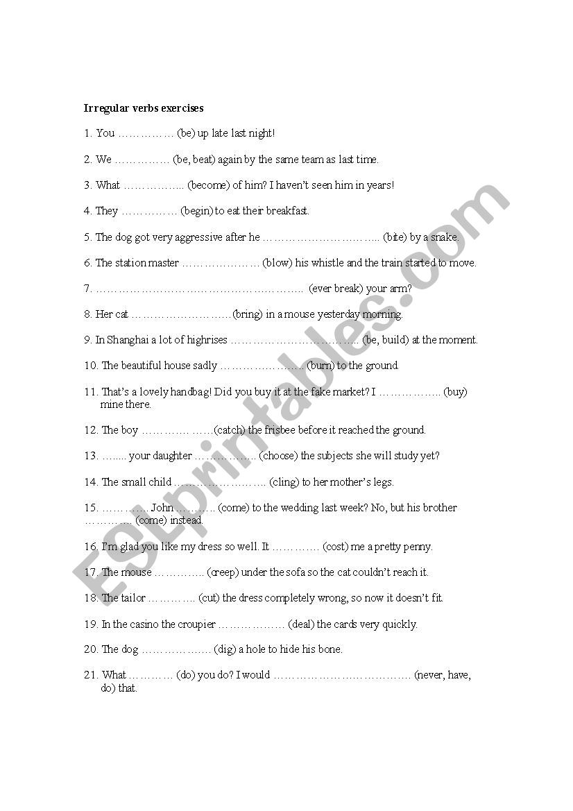 irregular verbs exercises worksheet