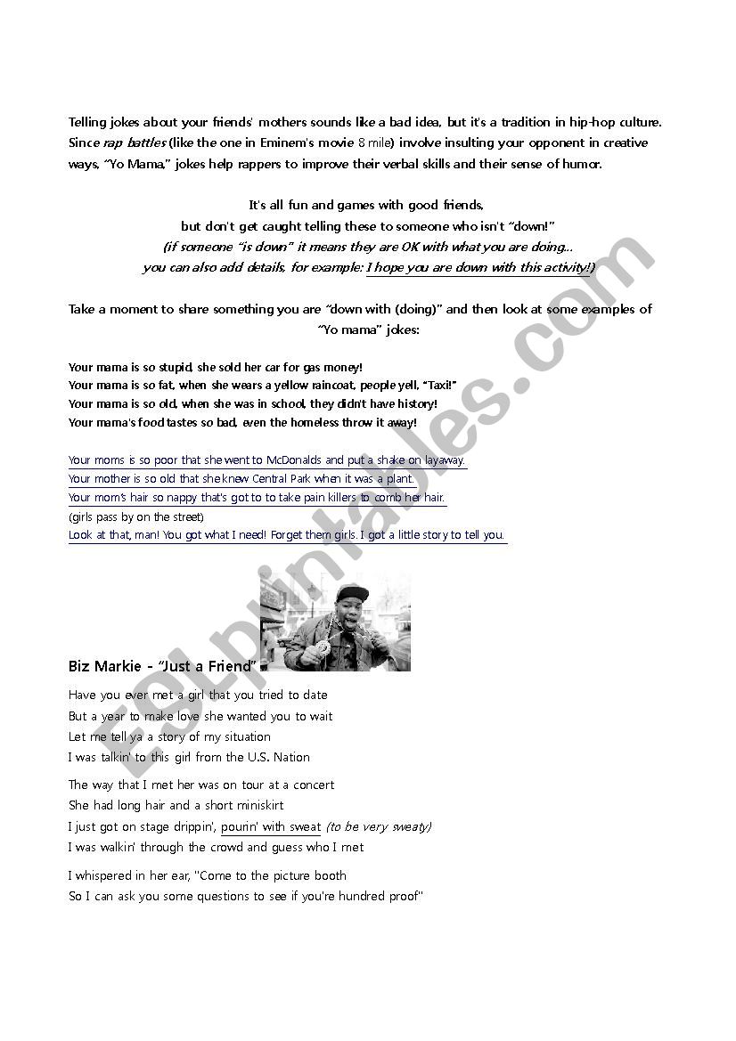 Biz Markie - Just a Friend worksheet