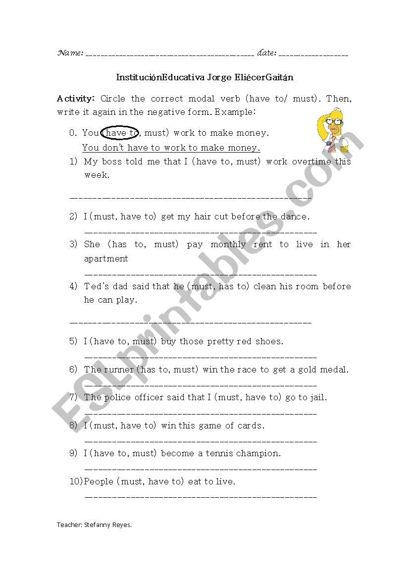 Worksheet on modal verbs (have to/must)