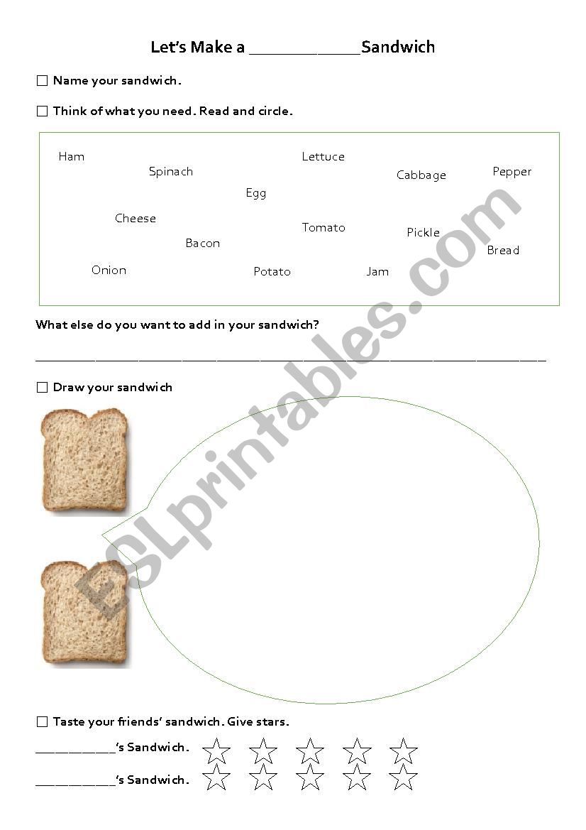 making a sandwich worksheet