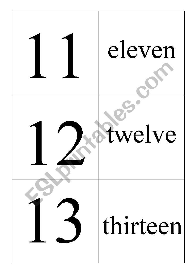 Numbers flashcards 10 to 20 worksheet