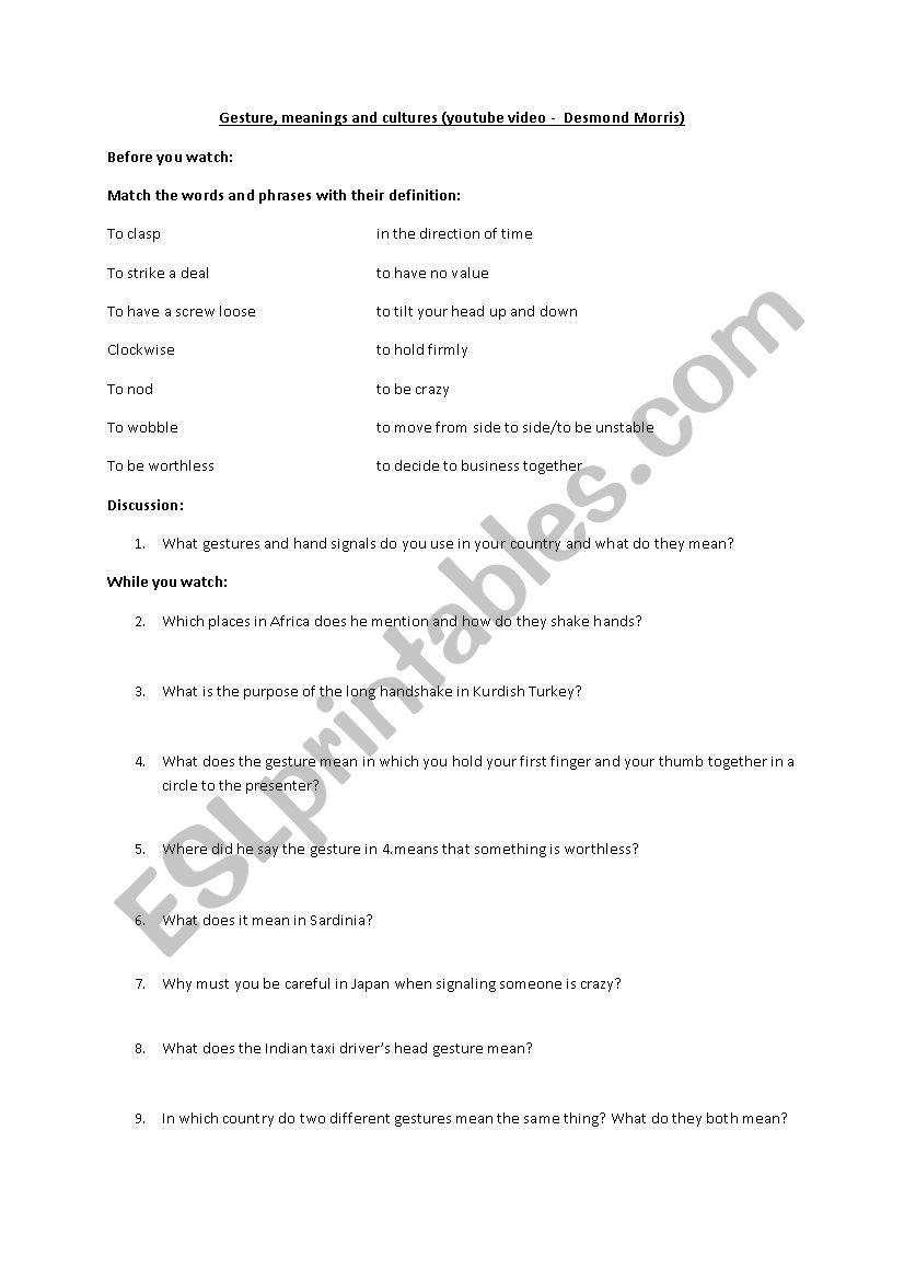 Gesture, Meaning and Culture worksheet