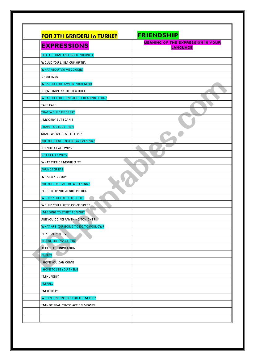 FRIENDSHIP EXPRESSIONS worksheet