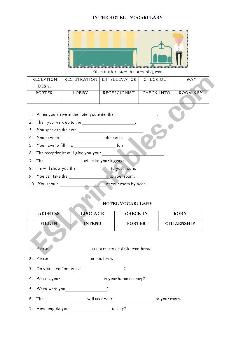 Tourism -  In the hotel - Vocabulary