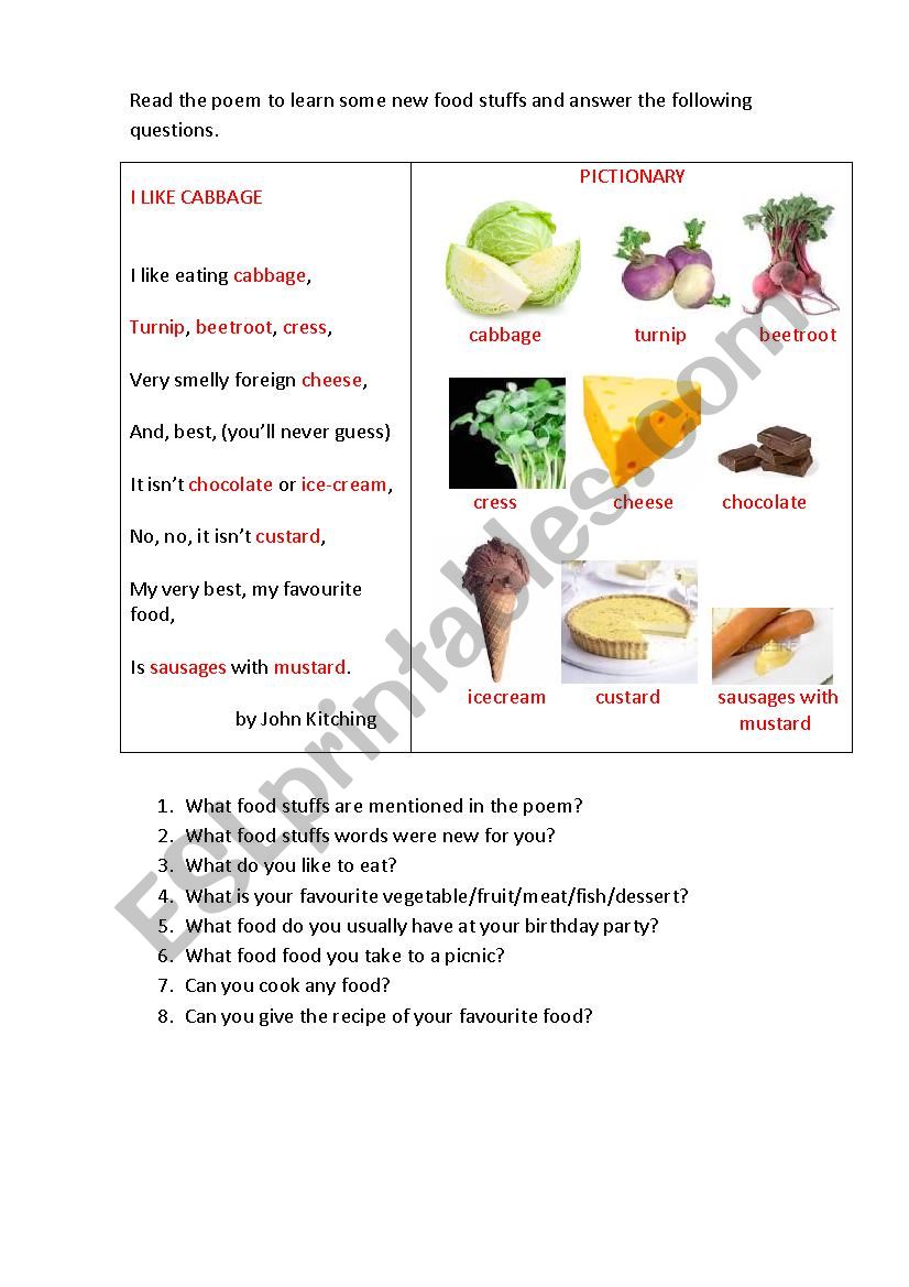 I LIKE CABBAGE  worksheet