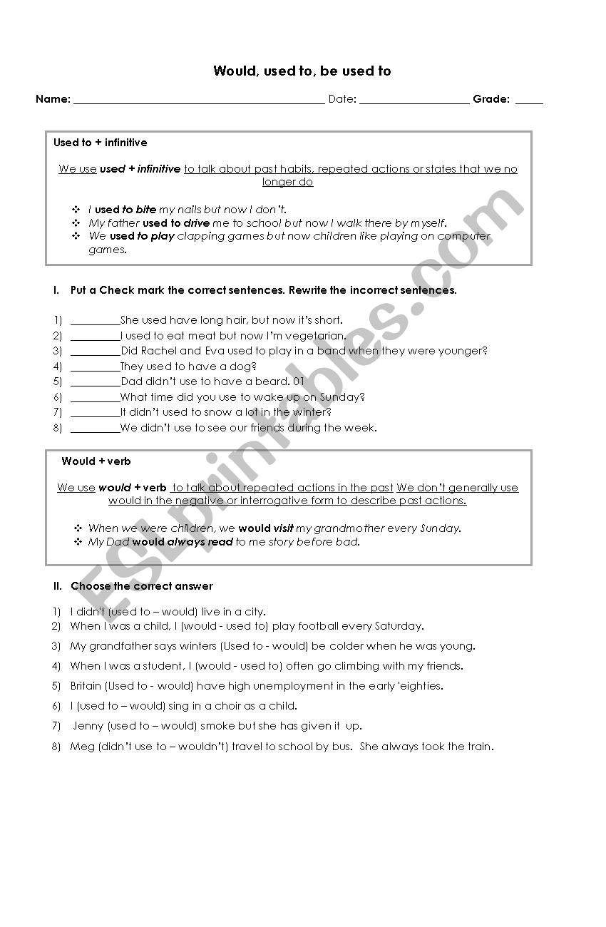 Would, Used to, Be used to worksheet