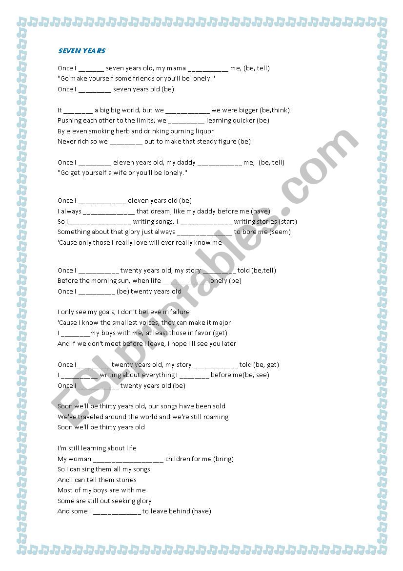 SEVEN YEARS SONG worksheet