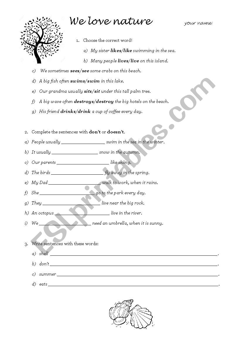 Nature and Present Simple worksheet