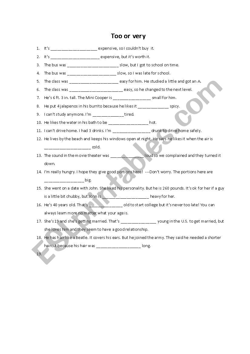 Too or Very worksheet