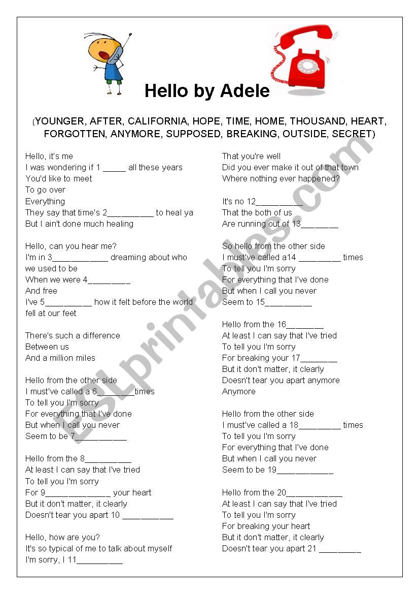 Hello by Adele worksheet