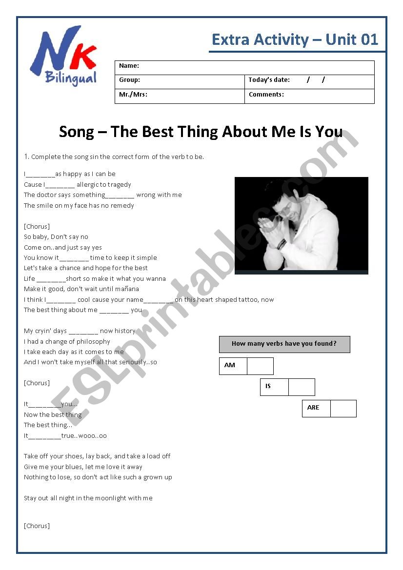 Verb to Be - Present - Song worksheet