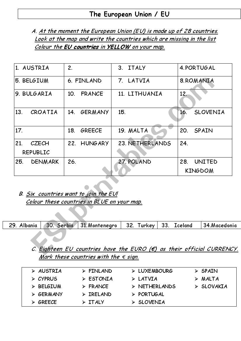 european union worksheet