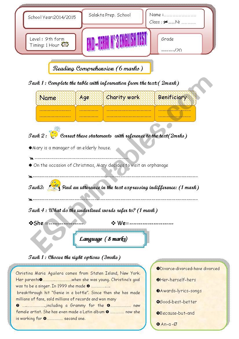 End-term n3 test (9th form) worksheet