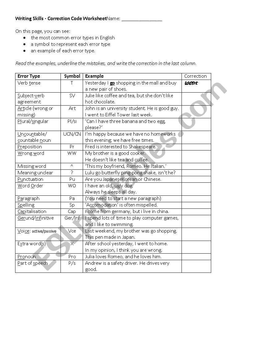 Writing skills correction code worksheet