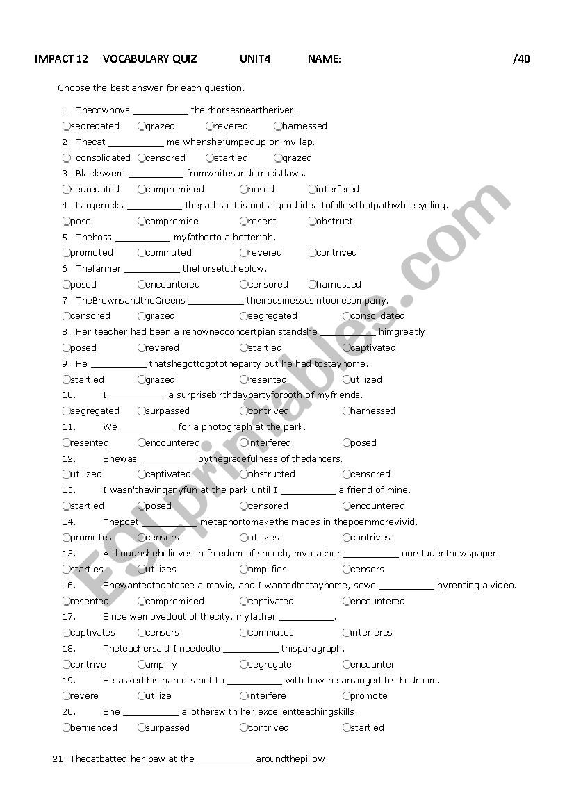 Impact 12 Vocabulary Quiz Unit 4