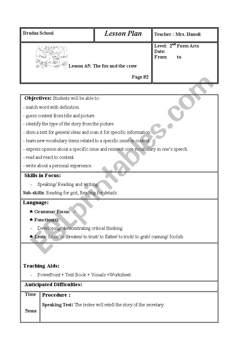 the fox and the crow worksheet