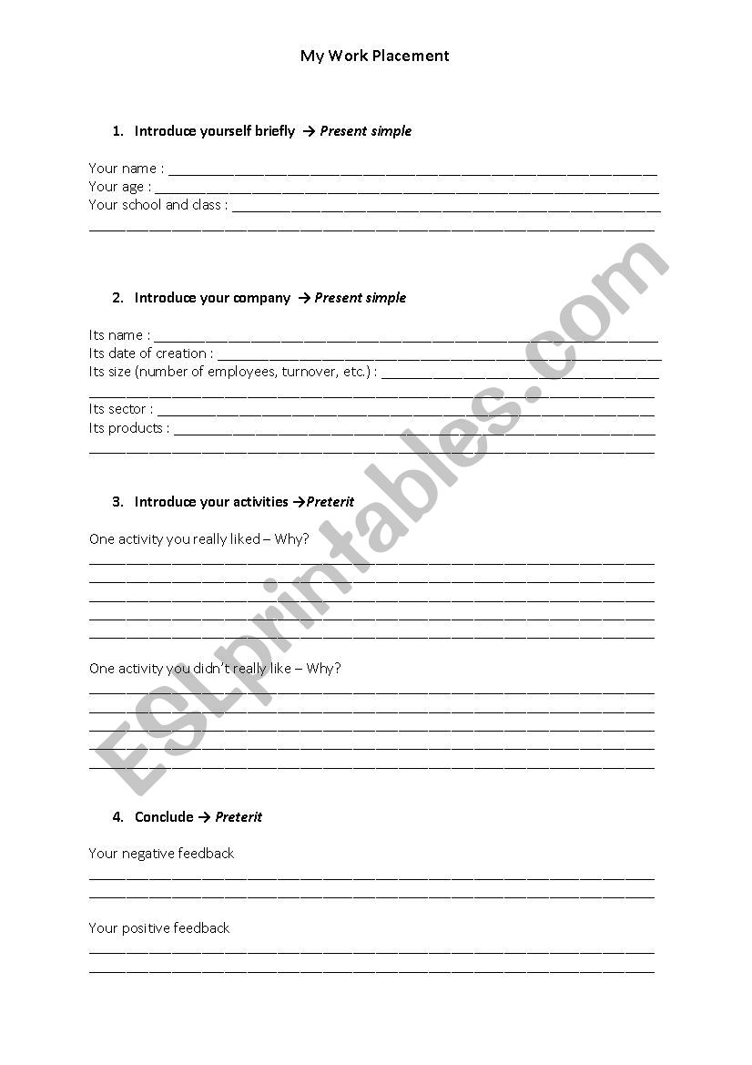 Writing - Work Placement worksheet