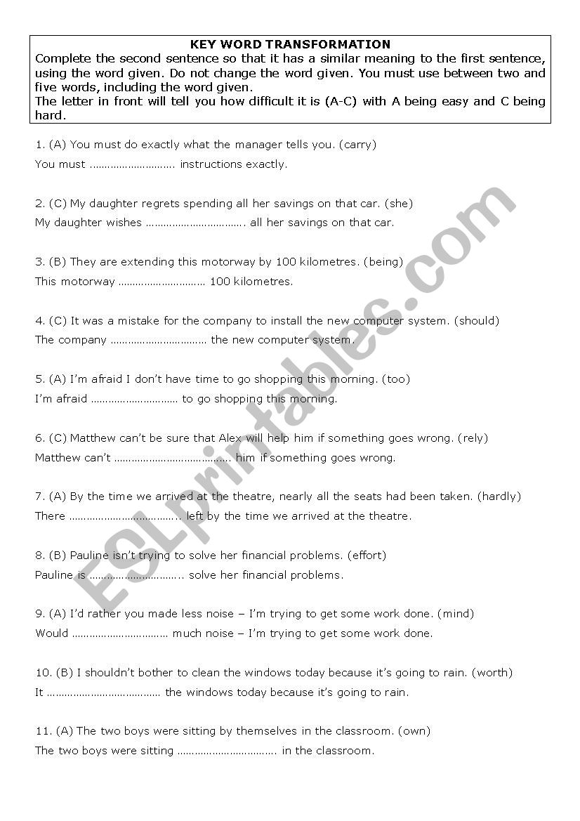 Key Word tran sformation  worksheet