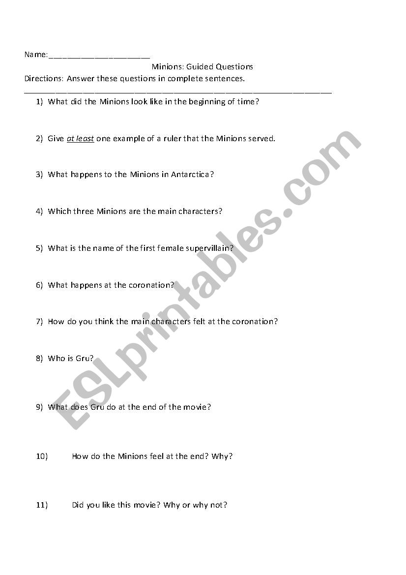 Minions Questions worksheet