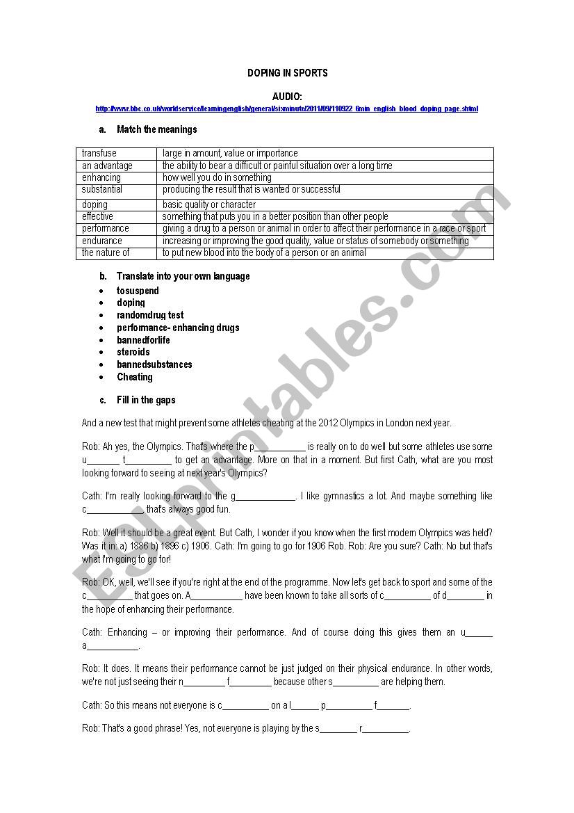 DOPING IN SPORTS worksheet