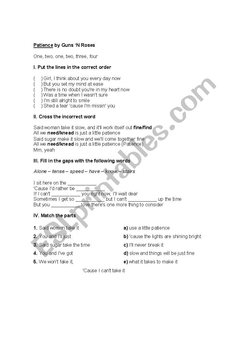 Patience Take That Fill in the gaps worksheet