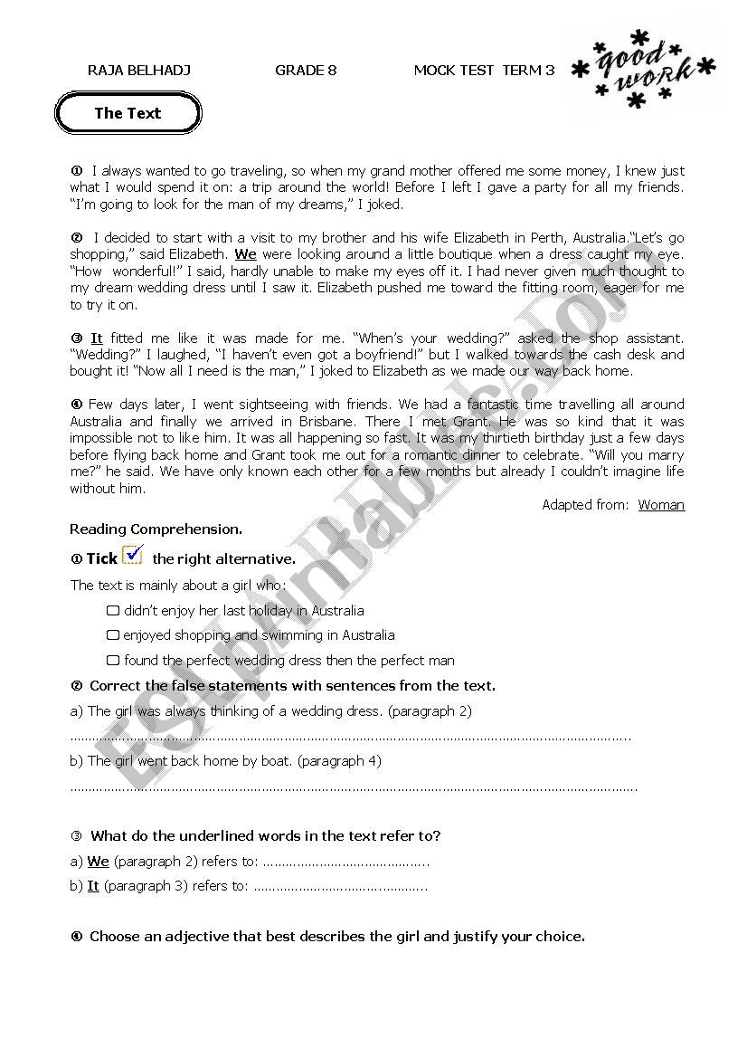 end of term test 3 grade 8 Tunisian programme