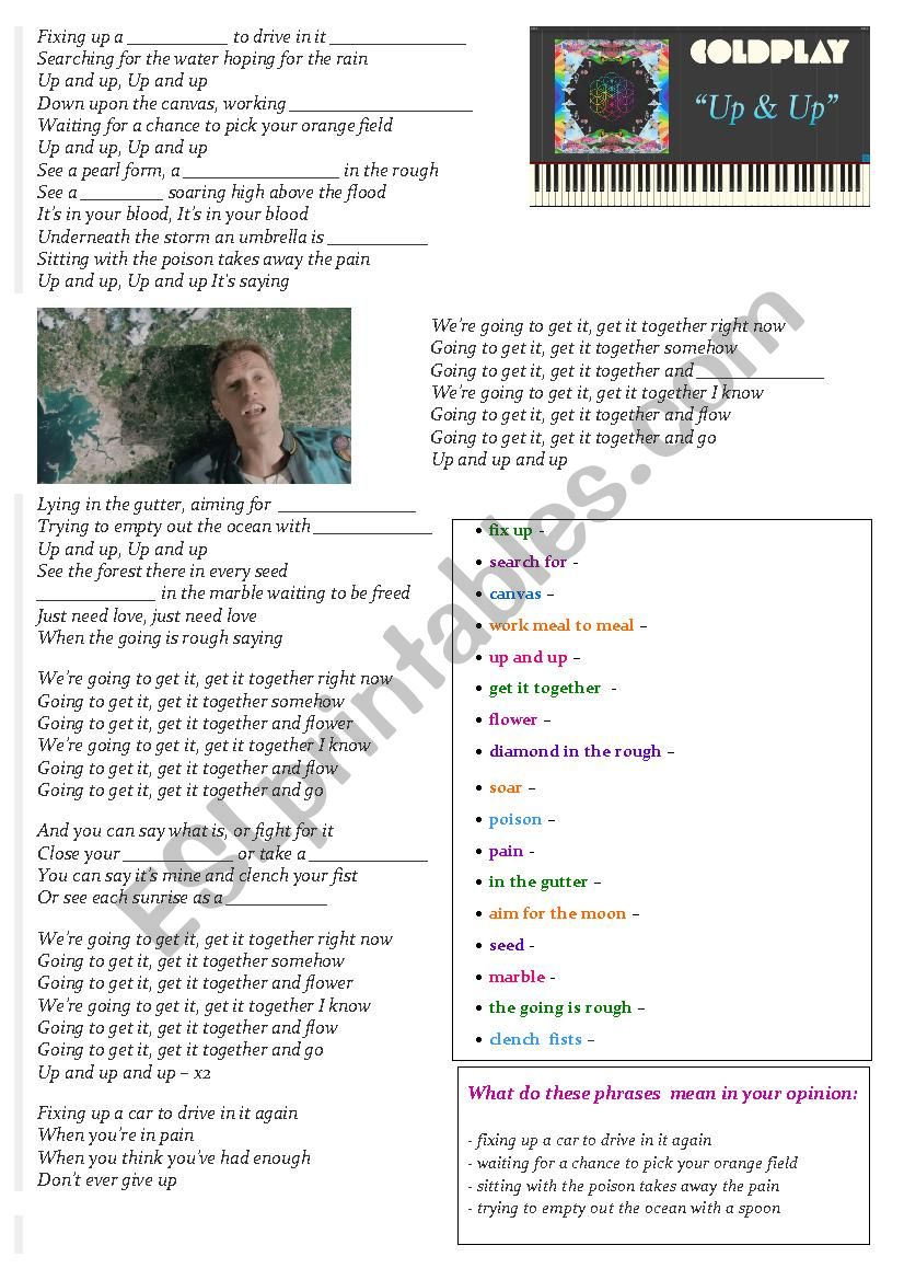 Coldplay - Up and Up (V+ing) worksheet