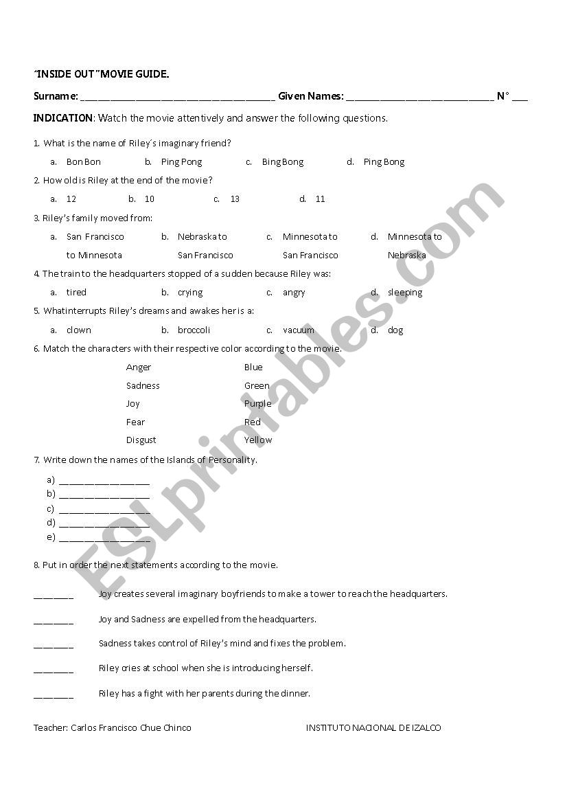 Inside Out movie guide worksheet