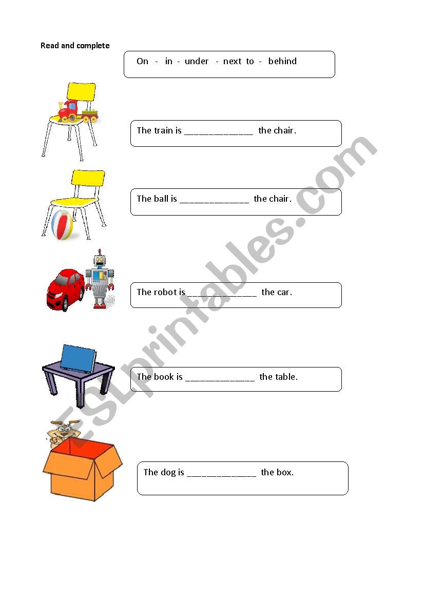 preposition on, in , under, behind, next to 