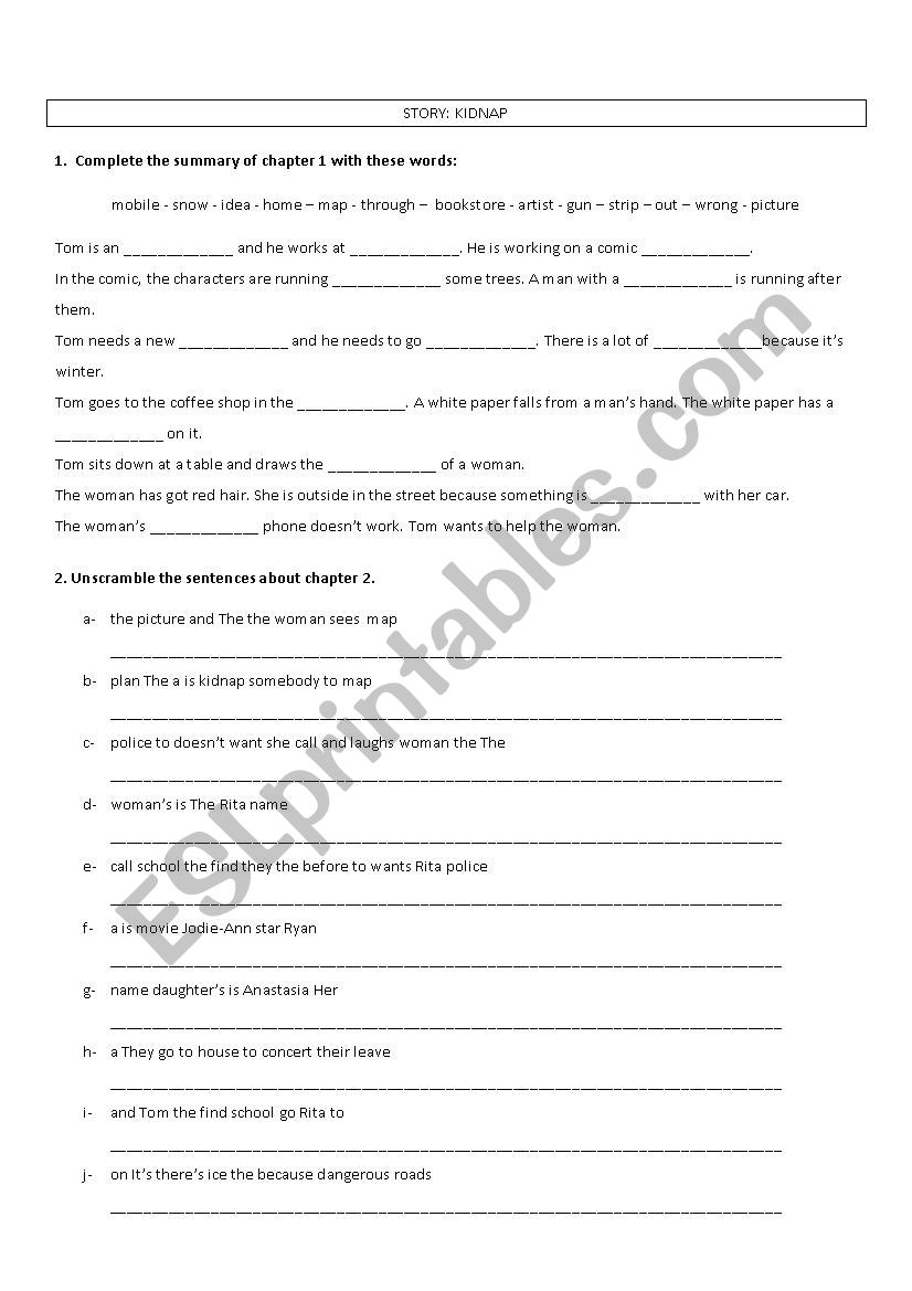 Kidnap book - worksheet worksheet