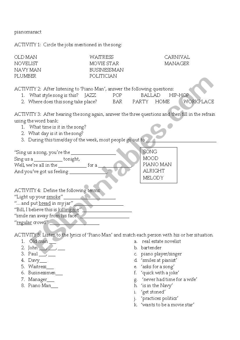 Piano man song worksheet