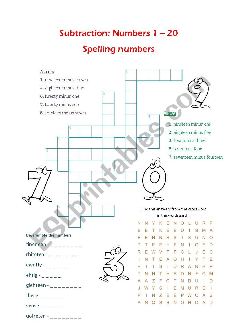 Subtraction 1-20. Numbers spelling