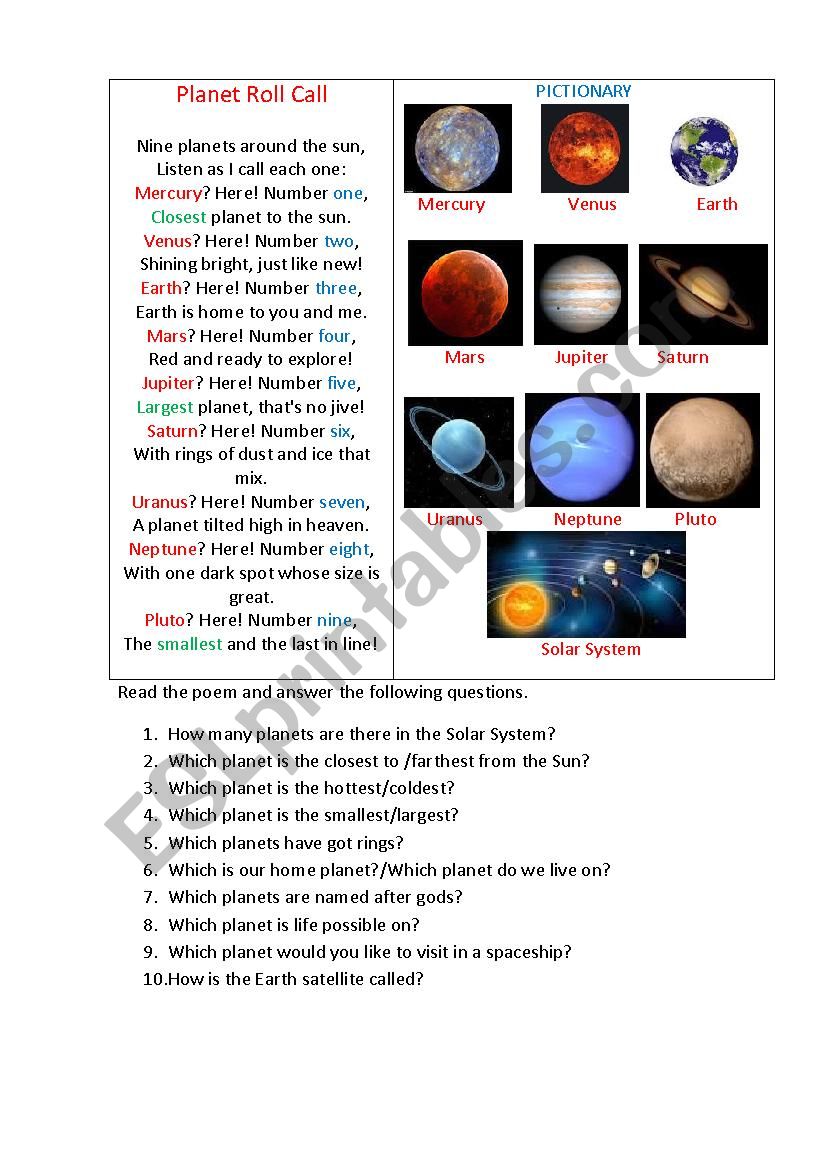 PLANETS ROLL CALL worksheet