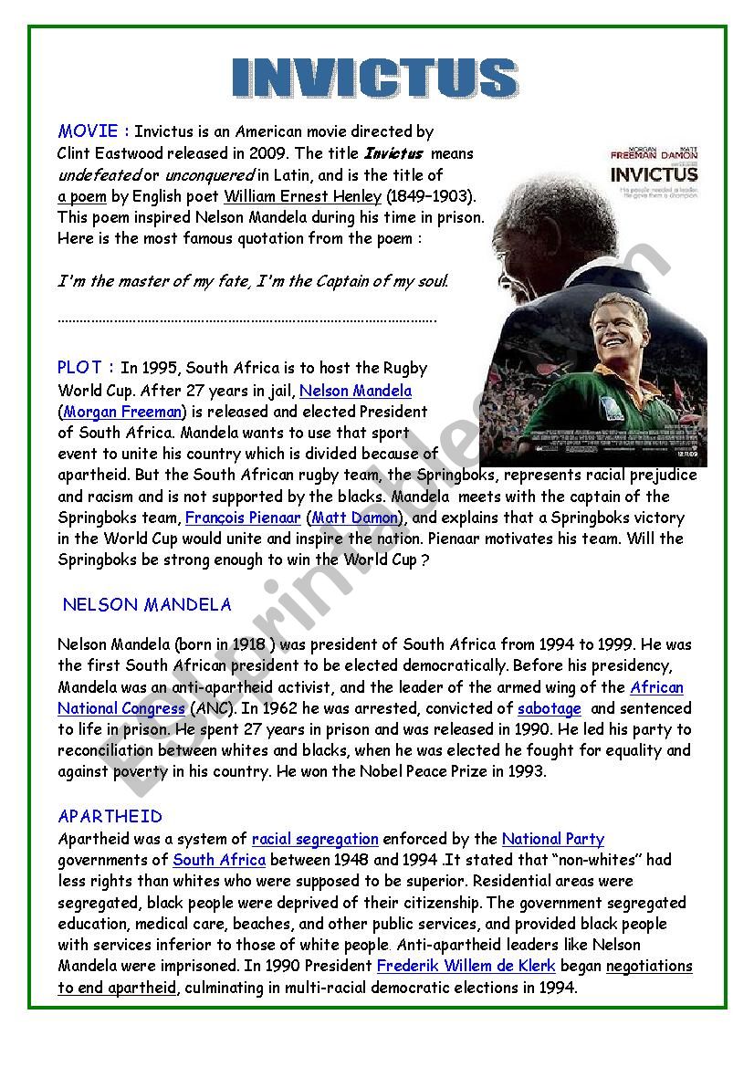 Invictus film worksheet