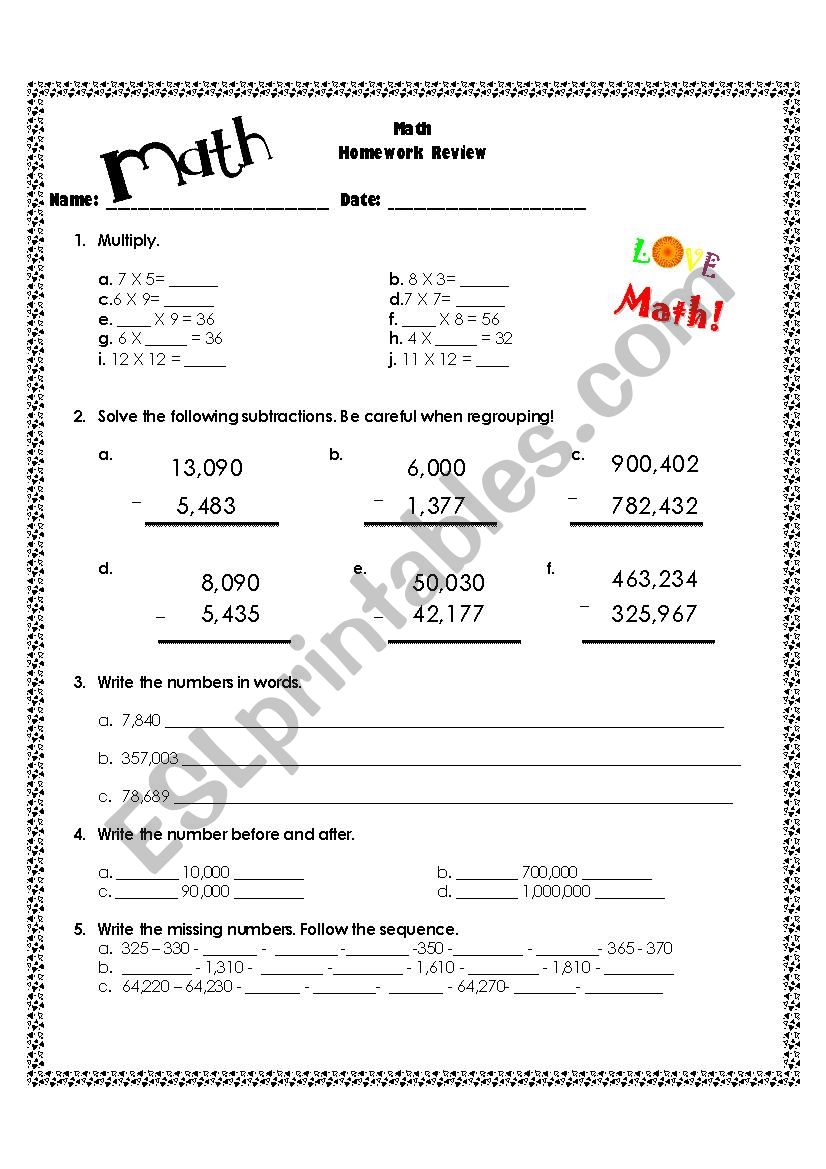 Math Homework Review. worksheet