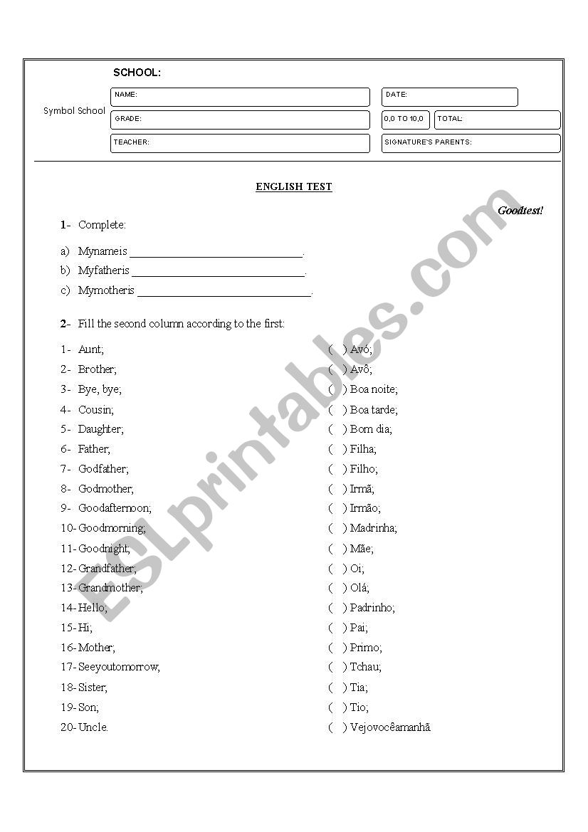 Test about greetings, family, colors, personal pronouns and verb to be