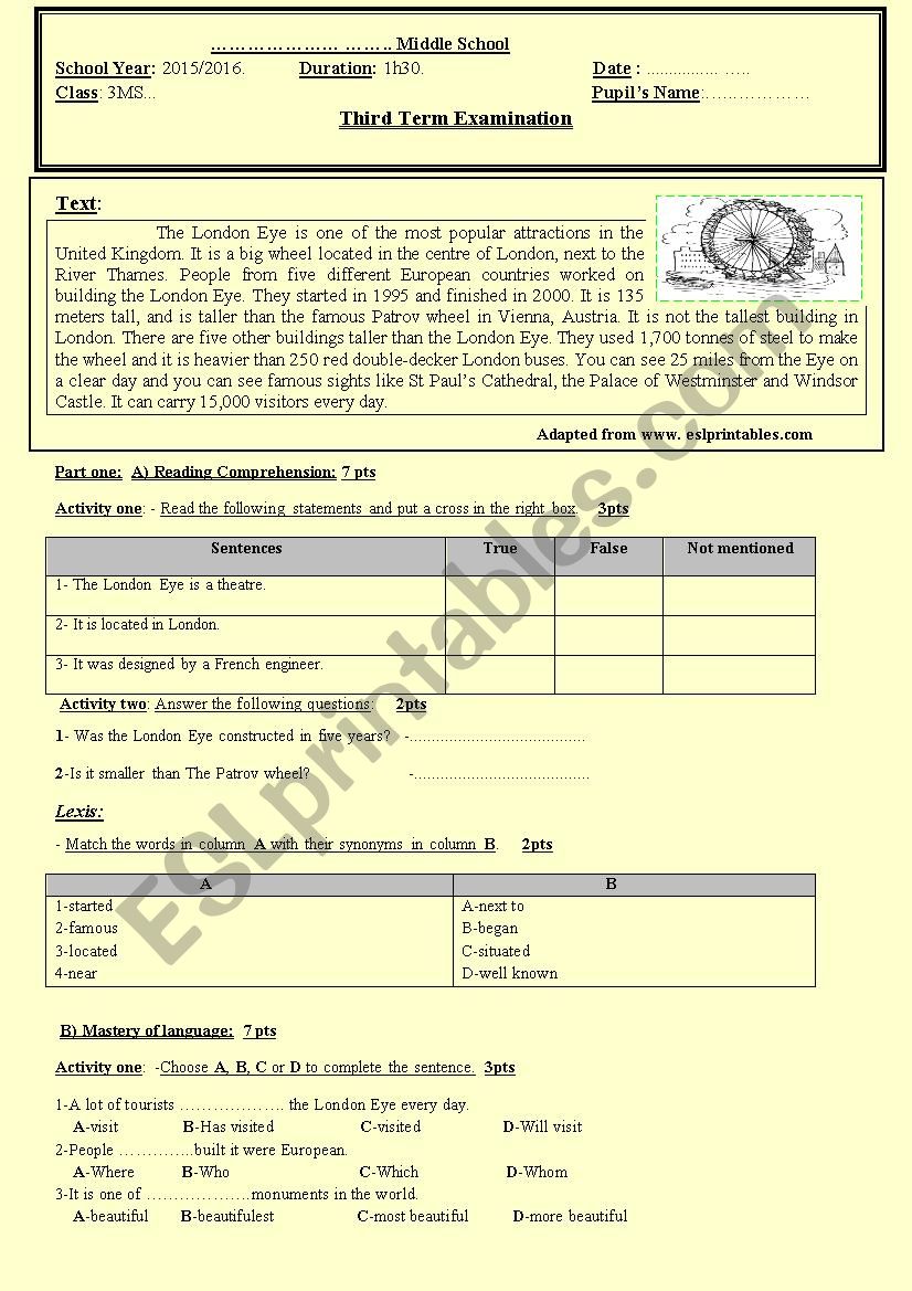 third term examination(3MSÂ° worksheet