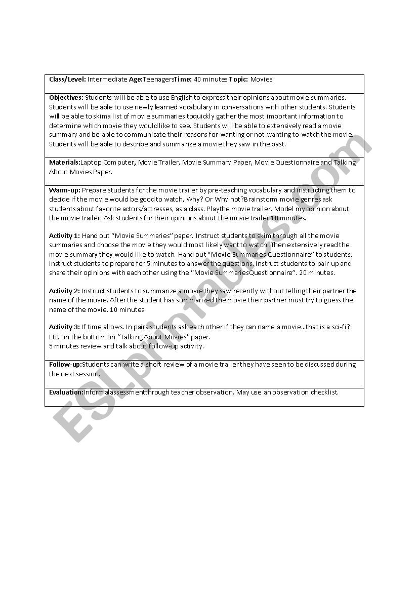 Movie Review worksheet