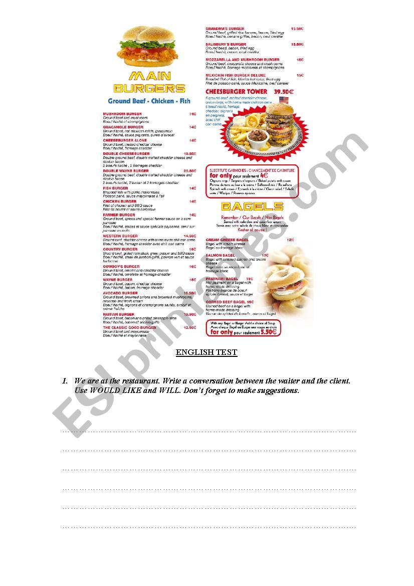 American menu worksheet