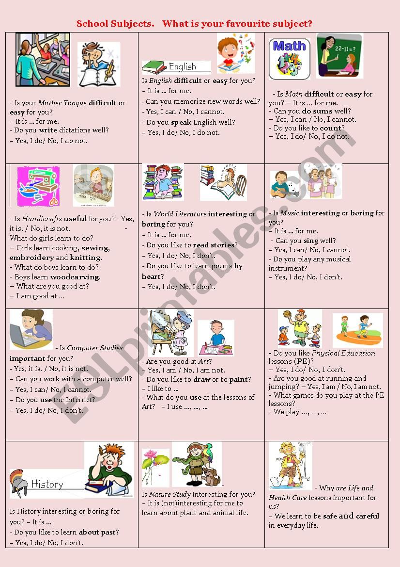 School Subjects.    worksheet