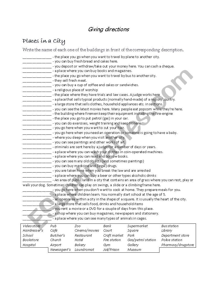 Giving directions worksheet