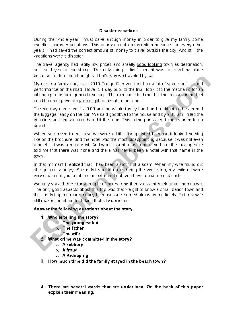 Disaster vacations worksheet