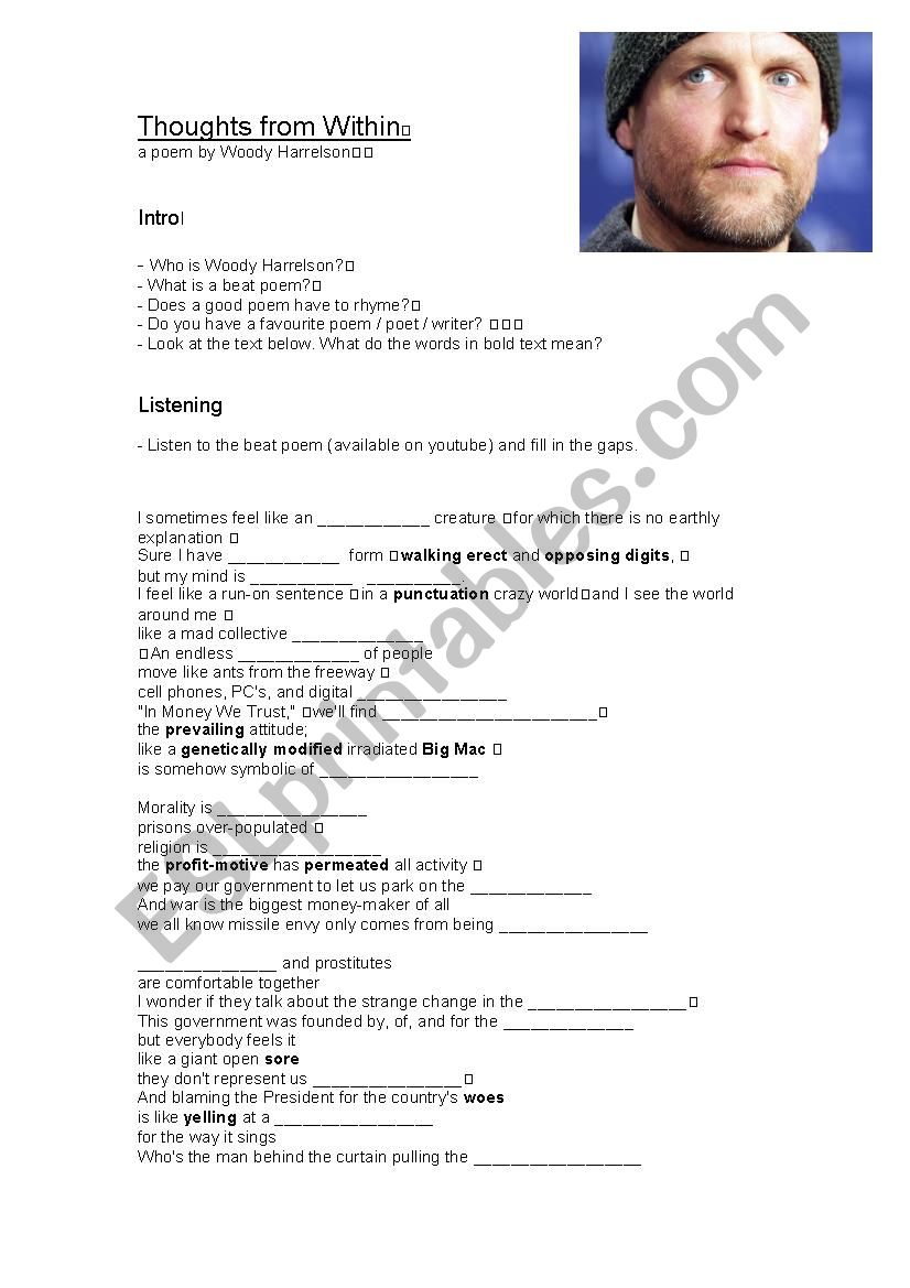 Thoughts from Within - a beat poem by Woody Harrelson - Discussion