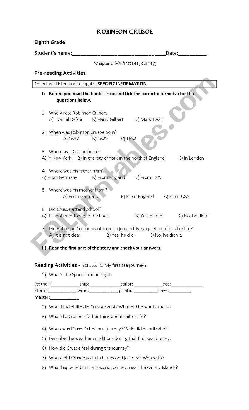 Robinson Crusoe (Oxford Bookworms) Worksheet 1