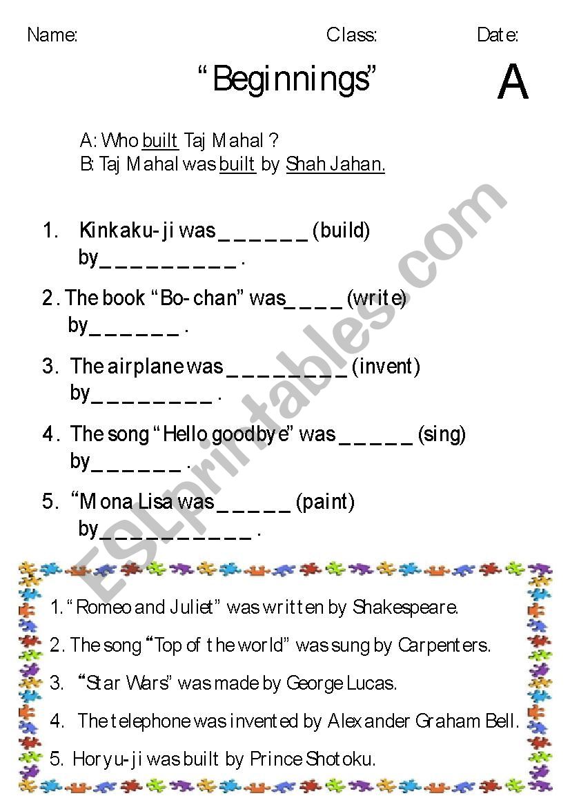 Beginnings worksheet